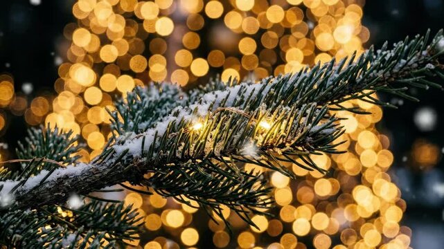 Macro shot of a pine tree branch with sparkling golden bokeh lights, festive winter nature detail with rich green needles and warm holiday glow, realistic close up, no logos