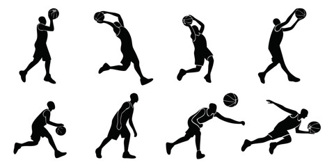 Basketball player action silhouettes collection for sports design with basketball silhouette dribbling shooting exercise competition professional training tournament movement character © rabby