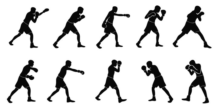 Boxer athlete silhouette set fighting poses and training actions with training exercise silhouette fighting collection isolated strength technique uppercut movement discipline champion