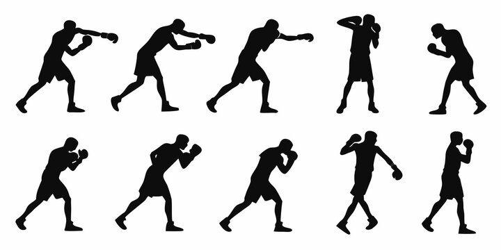 Boxing athlete silhouette collection showing various fighting moves with training silhouette exercise fighting collection isolated strength technique uppercut movement discipline champion