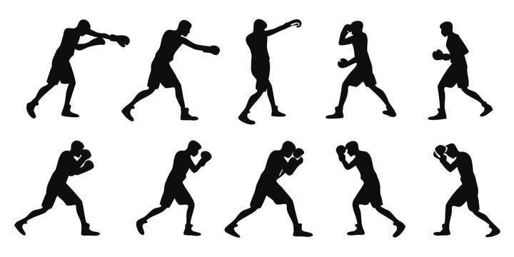 Set of ten boxing athlete silhouettes in various dynamic fighting stances and punching poses with martial arts silhouette fighting training kickboxing exercise illustration isolated movement