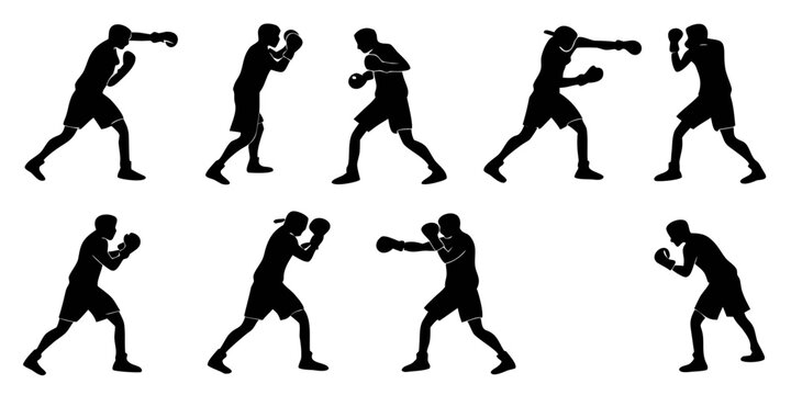 Professional boxing athlete silhouette poses and fighting techniques with training silhouette exercise fighting collection isolated strength technique uppercut movement discipline champion
