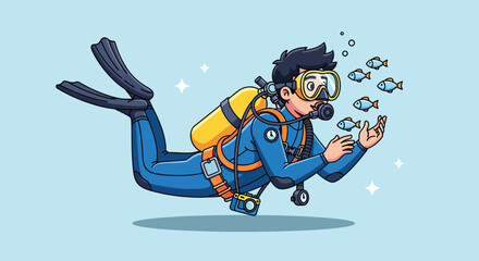 Cartoon Illustration of a Scuba Diver Swimming with Small Fish. © Caroline Studio