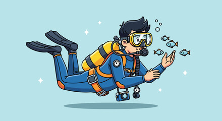 Cartoon scuba diver swimming underwater with small fish and camera. © Caroline Studio