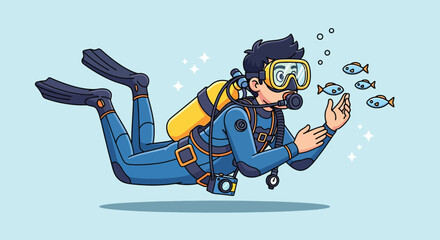 Cartoon scuba diver swimming underwater with small fish and bubbles. © Caroline Studio