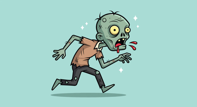 Cartoon Illustration of a Scary Green Zombie Running Fast.