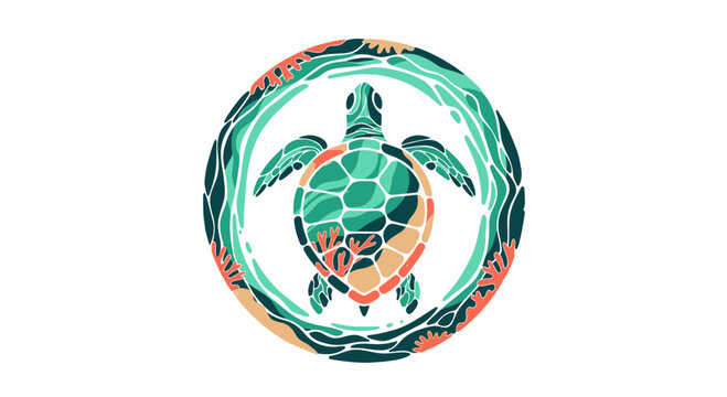 Stylized sea turtle vector illustration in a circular coral frame