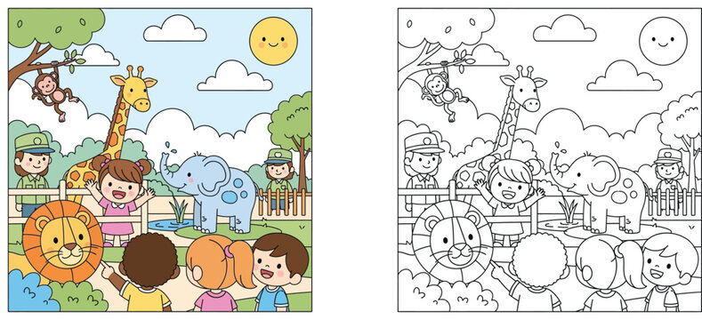 Happy Kids at the Zoo Visiting Wild Animals with Zookeepers Vector Illustration Set and Coloring Page for Children Education Activity and Wildlife Concept
