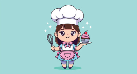 Cute cartoon chef girl holding a delicious cupcake and a whisk.