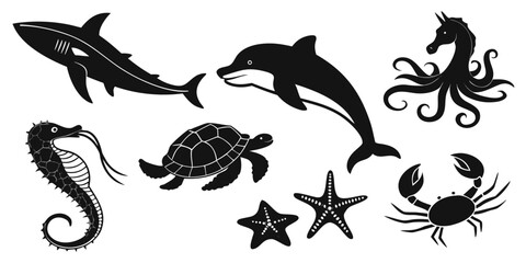 Collection of black silhouettes of diverse marine animals including shark dolphin seahorse sea turtle starfish crab mythical octopus creature with creatures silhouettes collection wildlife © rabby