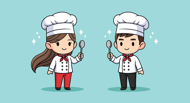 Cute cartoon boy and girl chefs holding spoons standing side by side.