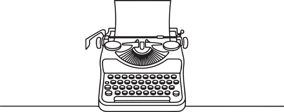 One continuous line drawing of retro old vintage typewriter front from view.one line vector illustration on white background