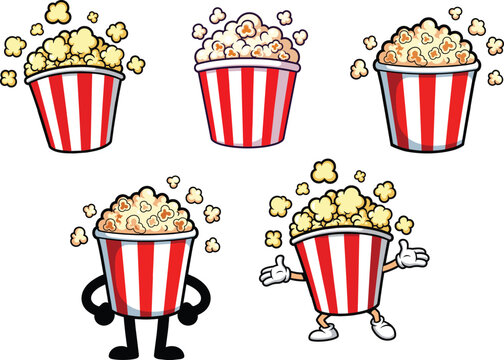 Cute cartoon popcorn bucket collection, different variations, container filled with popcorn, bold outlines