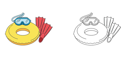 Summer Swimming Equipment Set with Inner Tube Goggles and Flippers Vector Illustration and Coloring Page for Kids Education Activity and Leisure Concept © MMONIR