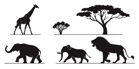 Set of african wildlife silhouettes including giraffe elephant and lion with elephant wildlife silhouette graphics collection illustration background predator adventure creature elements © rabby