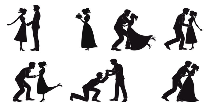 Black silhouettes of romantic couples in various interactive poses such as dancing proposing holding hands and presenting a cake for celebration and anniversary designs with silhouette, proposal
