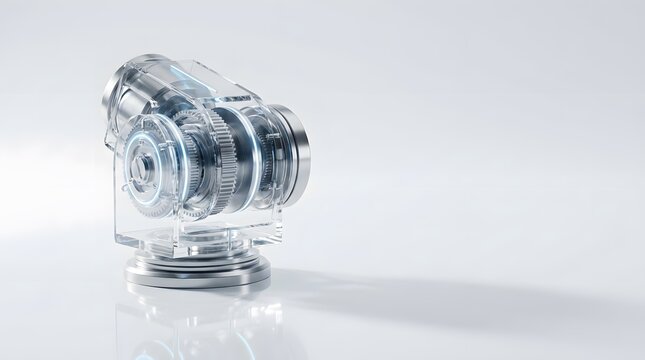 transparent robotic arm joint module standing on clean white reflective surface, subtle glowing blue actuator lines visible inside joint mechanism