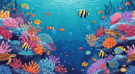 Vibrant coral reef scene with sea turtles and tropical fish © Deshan