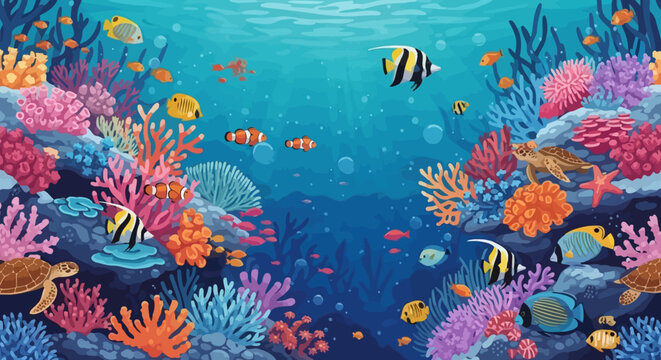 Vibrant coral reef scene with sea turtles and tropical fish