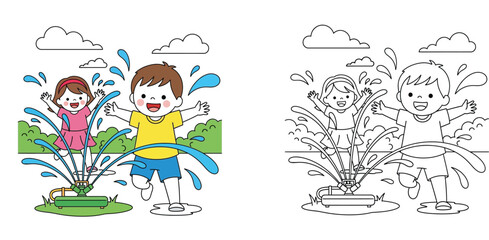 Obraz premium Happy Kids Playing with Garden Sprinkler in Park Vector Illustration Set with Coloring Page for Children Education Activity and Summer Fun Concept