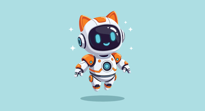 Cute futuristic cat robot character floating in air.