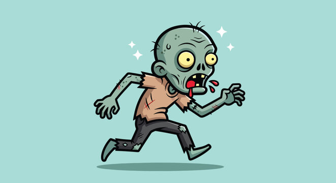 Funny Cartoon Zombie Running Fast on Light Background.