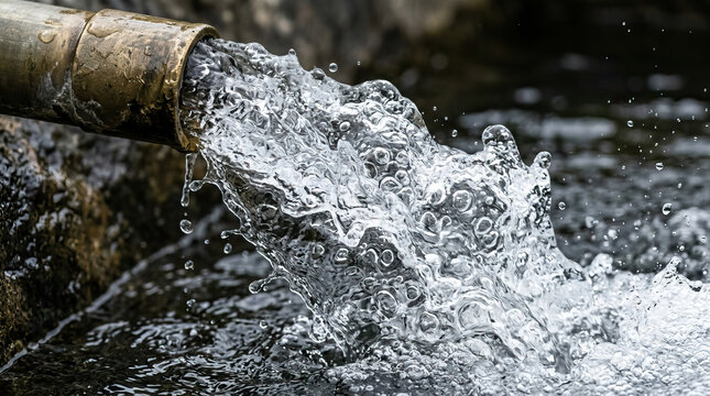 Water flow with bubbles pouring from metal pipe into water body, dynamic splash and clear liquid movement in natural environment
