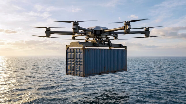 Advanced industrial drone carrying heavy cargo container across ocean waters for global logistics and modern shipping technology
