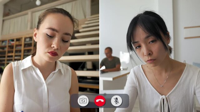 Two students connect through an online call to study. They express various feelings while focusing on their work. Attention shifts between learning and discussion.