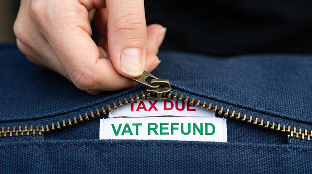 Hand pulling zipper on blue fabric revealing tax due and VAT refund labels, symbolizing financial relief and tax return concept