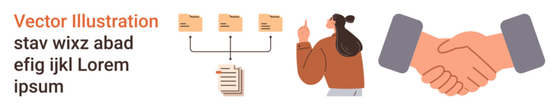 Business communication, teamwork, data storage, organization, agreement, partnership. A woman points at files connected to a document and a handshake. Business communication and teamwork concept