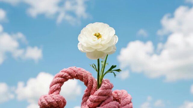 Single white flower emerging from twisted pink rope under bright blue sky and clouds, surreal minimal composition blending nature and abstract textile forms, clean daylight, realistic detail, no logos