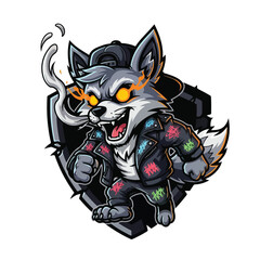 Fototapeta premium Aggressive Neon Wolf Character with Knife and Smoke