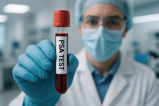 Focused lab technician holding blood test vial for PSA test in modern medical laboratory. This professional scientist performs diagnostic sample analysis for healthcare