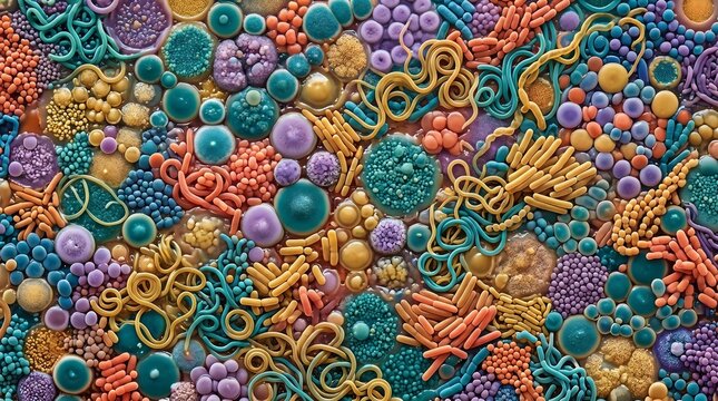 Seamless macro texture of diverse jewel toned microbiome cultures, vibrant bacteria colony and gut health diversity concept
