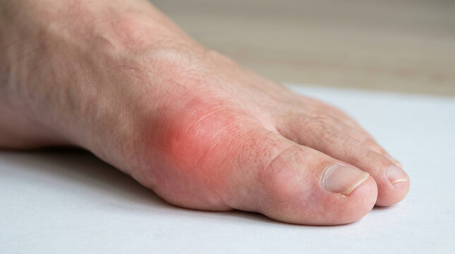 Close up of human foot showing redness and swelling on big toe indicating gout and arthritis pain and inflammation causing discomfort and tenderness