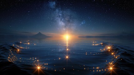 Fototapeta premium Magical ocean waves under starry night sky with glowing lights and sunrise