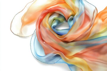 Obraz premium A delicate, multicolored silk scarf swirled gracefully on a white background, showcasing soft pastel hues and translucent fabric texture.