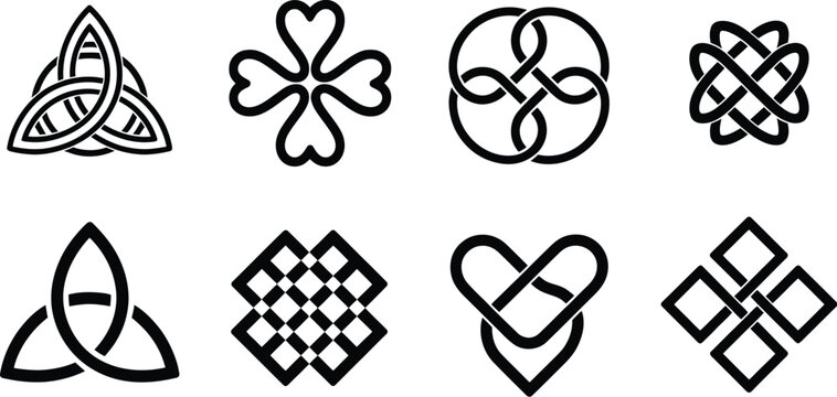 Endless knot symbols set cultural buddhist sacred celtic patterns intertwined knots medieval decorative ornament vector design