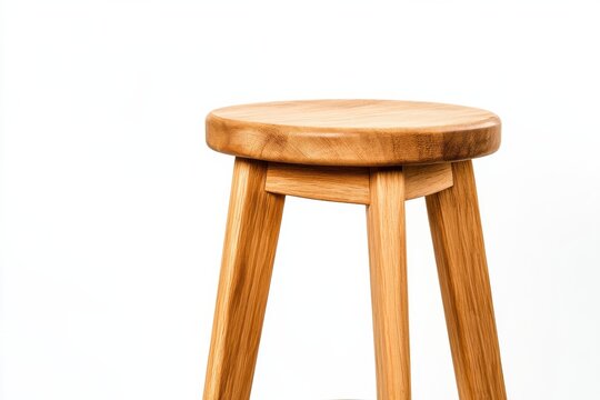 A simple, round wooden stool with a smooth seat and three sturdy legs, set against a plain white background.