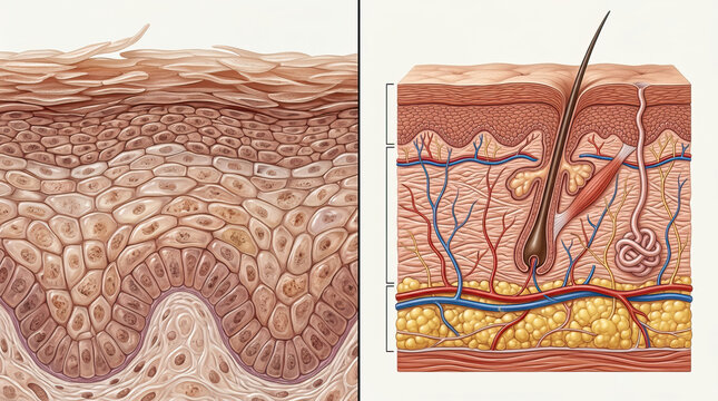 Detailed medical illustration of human skin layers showing epidermis, dermis, hair follicle, blood vessels, and connective tissue with clear cellular structure and texture