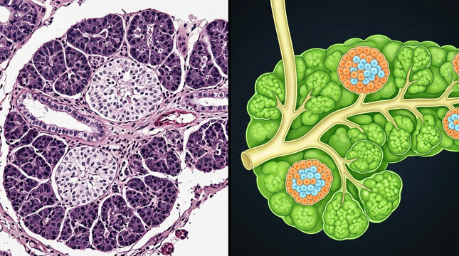 Pancreas tissue microscopic view and detailed anatomical illustration showing pancreatic acini and ducts with cellular structure in vibrant colors for educational use