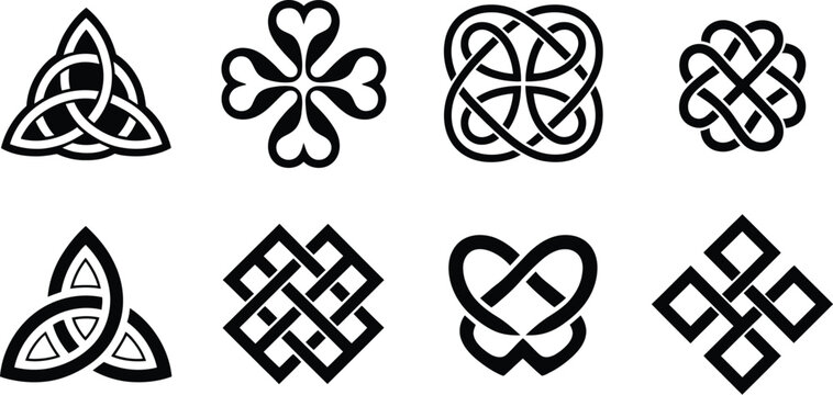 Endless knot symbols set buddhist sacred celtic patterns intertwined knots for spiritual cultural decorative ornament vector design