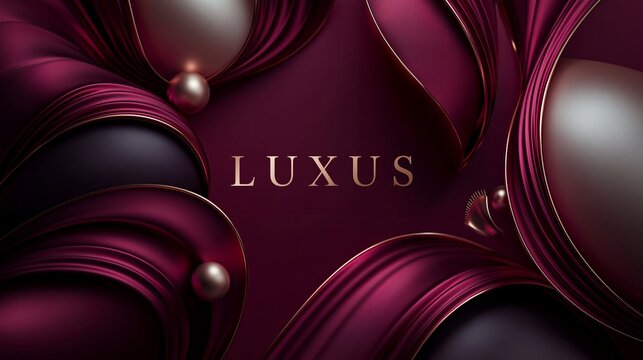 Der goldene Schriftzug &bdquo;LUXUS" auf einem dunklen, weinroten Hintergrund aus gl&auml;nzenden Stoff- und Kugeldekorationen
