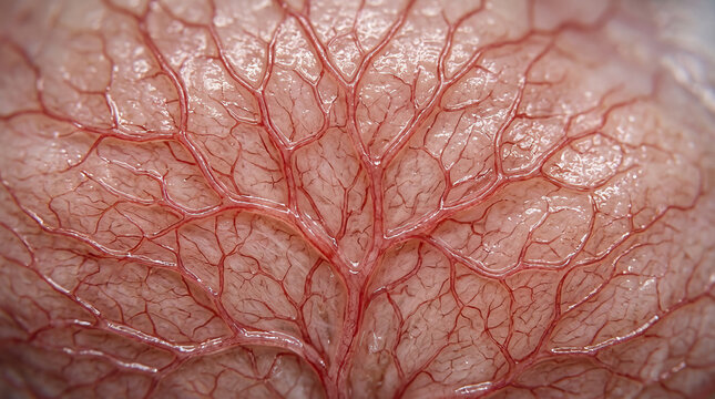 Close up of capillary network branching on translucent tissue surface showing detailed blood vessels and veins in natural red and pink tones with wet texture