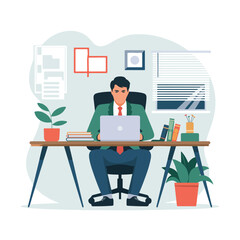 Fototapeta premium Man focused on laptop at office desk with window and plants desk work computer