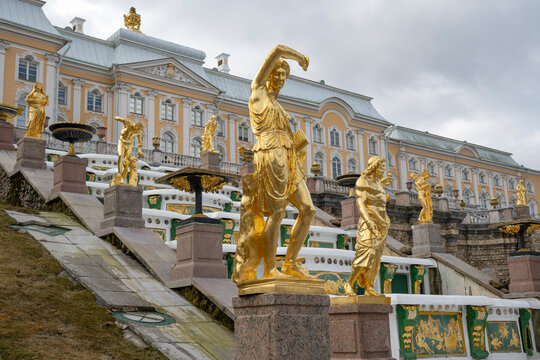 PETRODVORETS, RUSSIA - APRIL 18, 2026: Statues of the Grand Cascade in close-up. Architectural ensemble of the Peterhof Palace and Park Complex