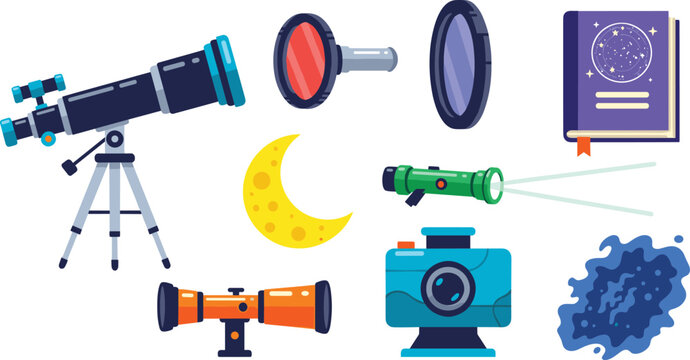 Astronomy and Space Exploration Icon Set with Telescopes, Moon, Stars, and Scientific Tools for Websites, Apps, and Digital Media Designs.
