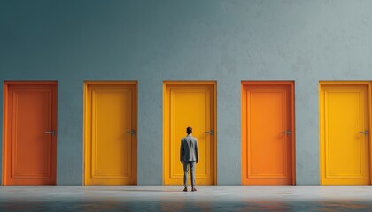 Fototapeta premium Businessman Making The Decision To Select The Correct Door Among Several Options. The Process Of Choosing The Right Door In A Business Setting.