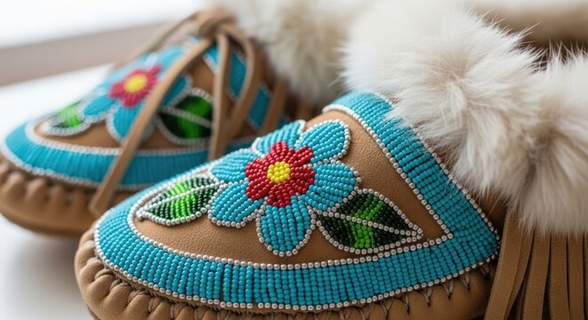 Handcrafted moccasins with intricate beadwork featuring vibrant floral designs. Traditional Native American craftsmanship showcases beautiful details and colors,